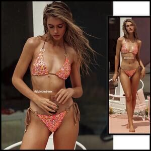 BEACH BUNNY Orange Sequin Paparazzi Top XL Tie Side Bottom L Bikini $250